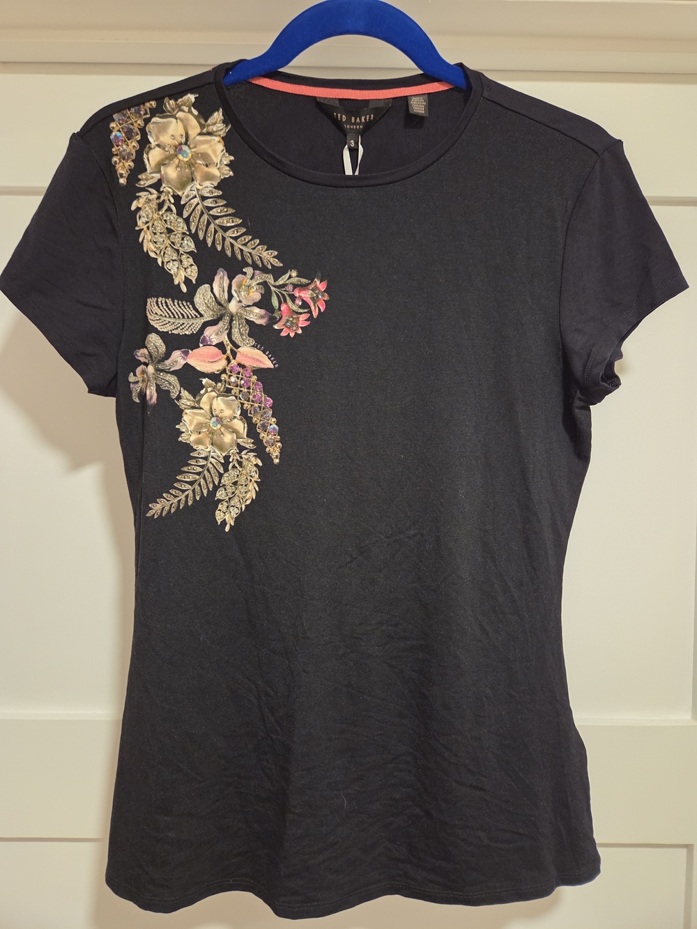 Ted Baker Embroidered Floral T-Shirt Black Gold Embellished Top NWT Size 3/US 8